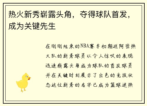 热火新秀崭露头角，夺得球队首发，成为关键先生