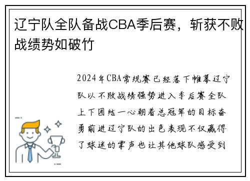 辽宁队全队备战CBA季后赛，斩获不败战绩势如破竹